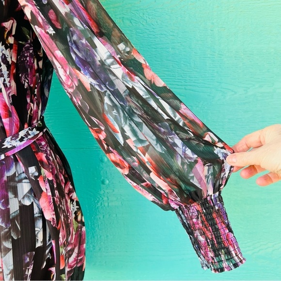 BEBE SHEER OVERLAY BLACK SLIP DRESS FLORAL PRINT BALLOON SLEEVES SIZE SMALL NWT - Picture 5 of 12